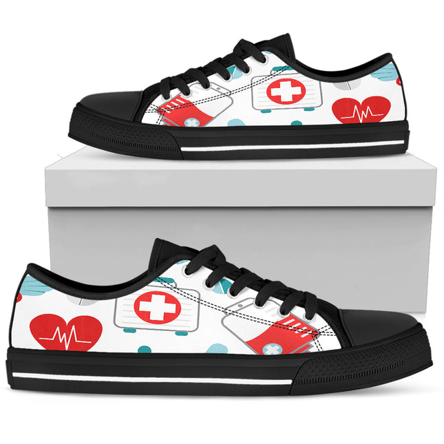 White Canvas Nurse Sneakers 10 With Teal/Red Medical Symbols