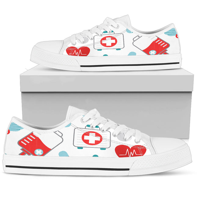 White Canvas Nurse Sneakers 10 With Teal/Red Medical Symbols