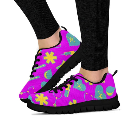 Women's Fuchsia Mesh Nurse Sneakers 2 With Yellow-Teal Medical Motif