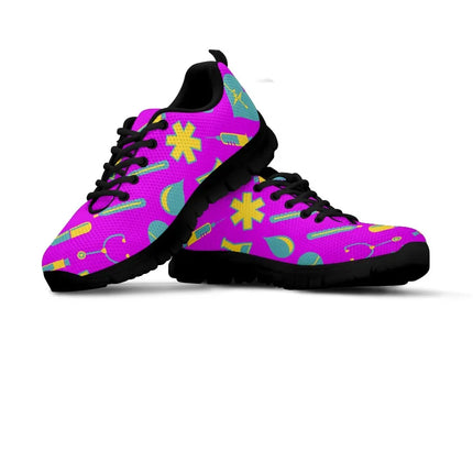 Women's Fuchsia Mesh Nurse Sneakers 2 With Yellow-Teal Medical Motif
