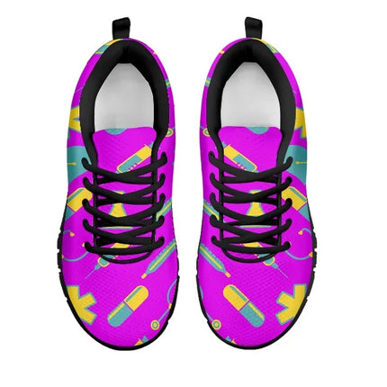 Women's Fuchsia Mesh Nurse Sneakers 2 With Yellow-Teal Medical Motif