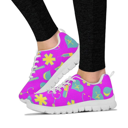 Women's Fuchsia Mesh Nurse Sneakers 2 With Yellow-Teal Medical Motif
